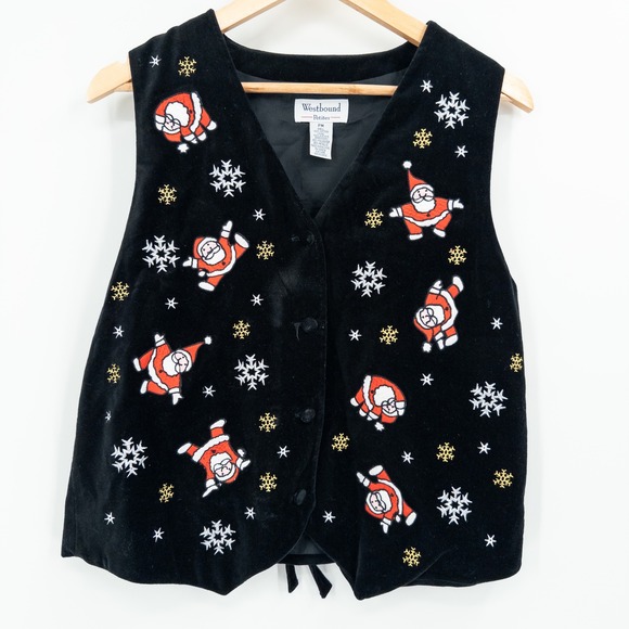 Westbound Petites Jackets & Blazers - Vintage Christmas Santa Embroidered Vest Black Velvet Womens M Tacky Ugly Granny